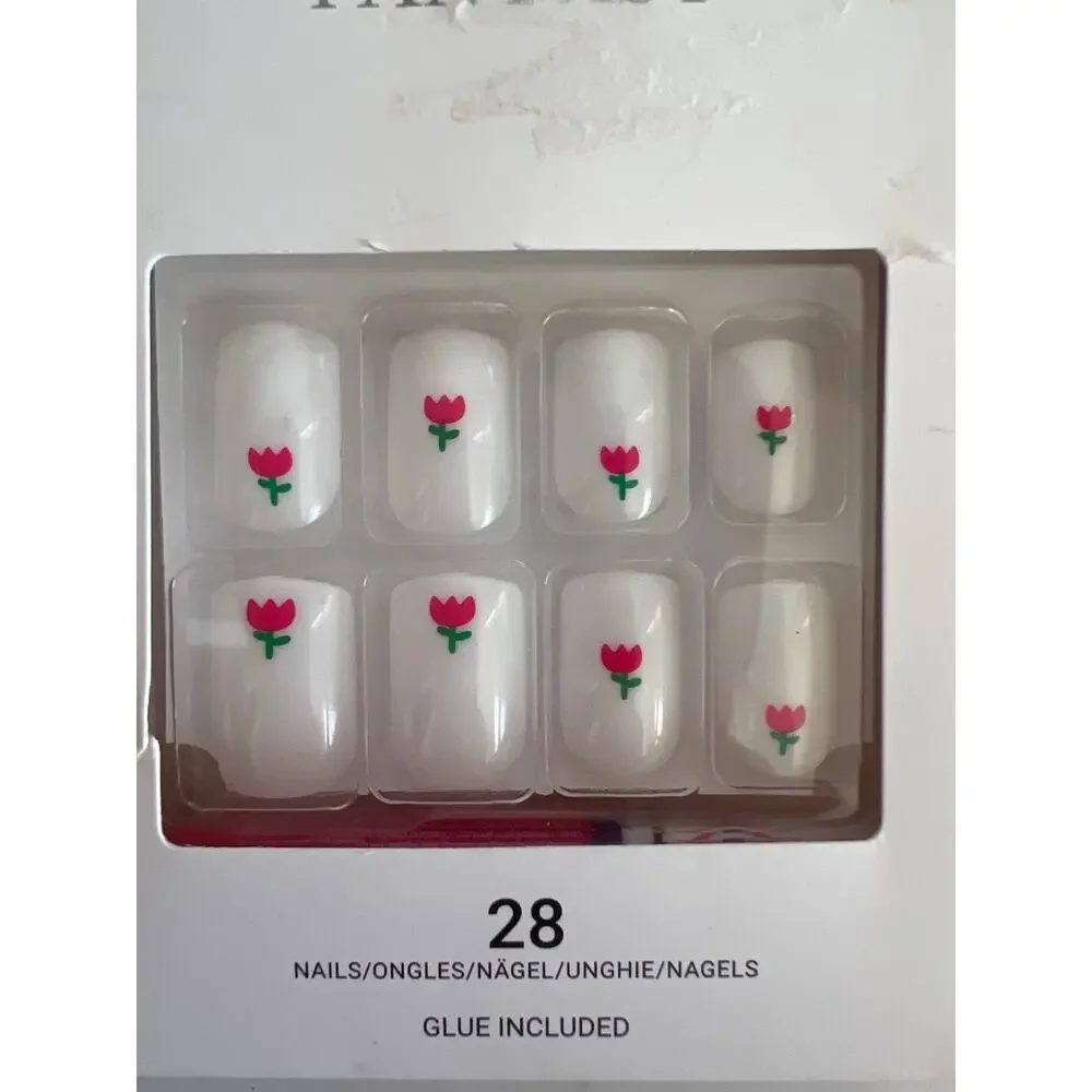 KISS VOGUISH FANTASY GEL NAILS WHITE PINK GREEN TULIPS SHORT LENGTH BRAND NEW